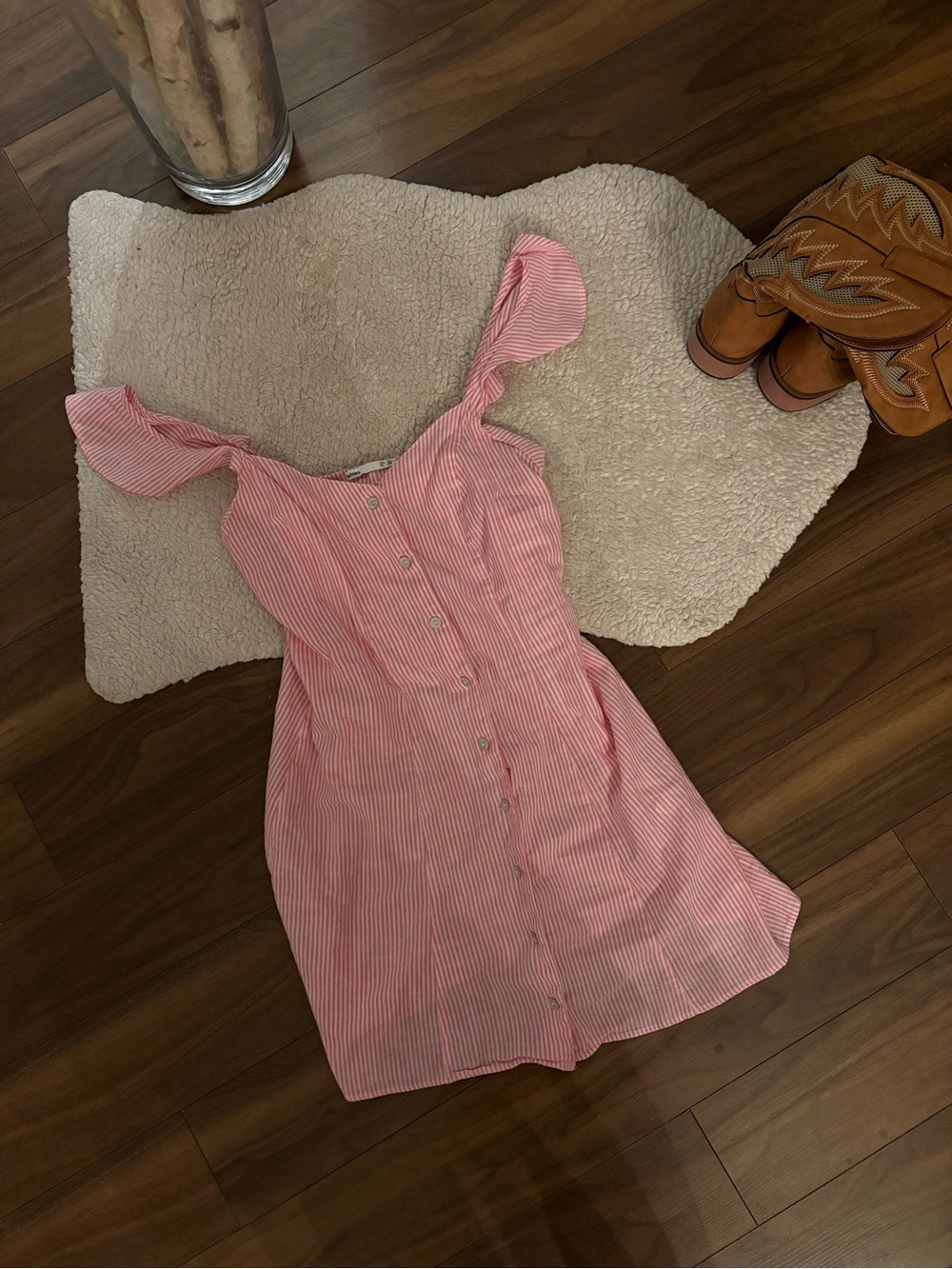Striped Pink Button-Front Mini Dress with Ruffle Straps